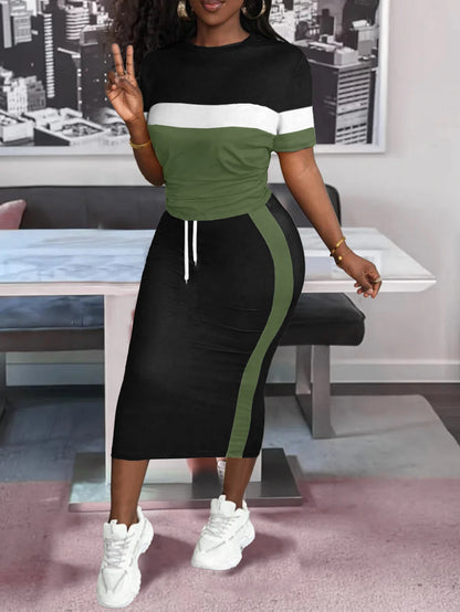 Ensemble demi-jupe d'été pour femmes, deux pièces, manches courtes, rayures latérales, ceinture de taille réglable, ample, décontracté, respirant, polyvalent