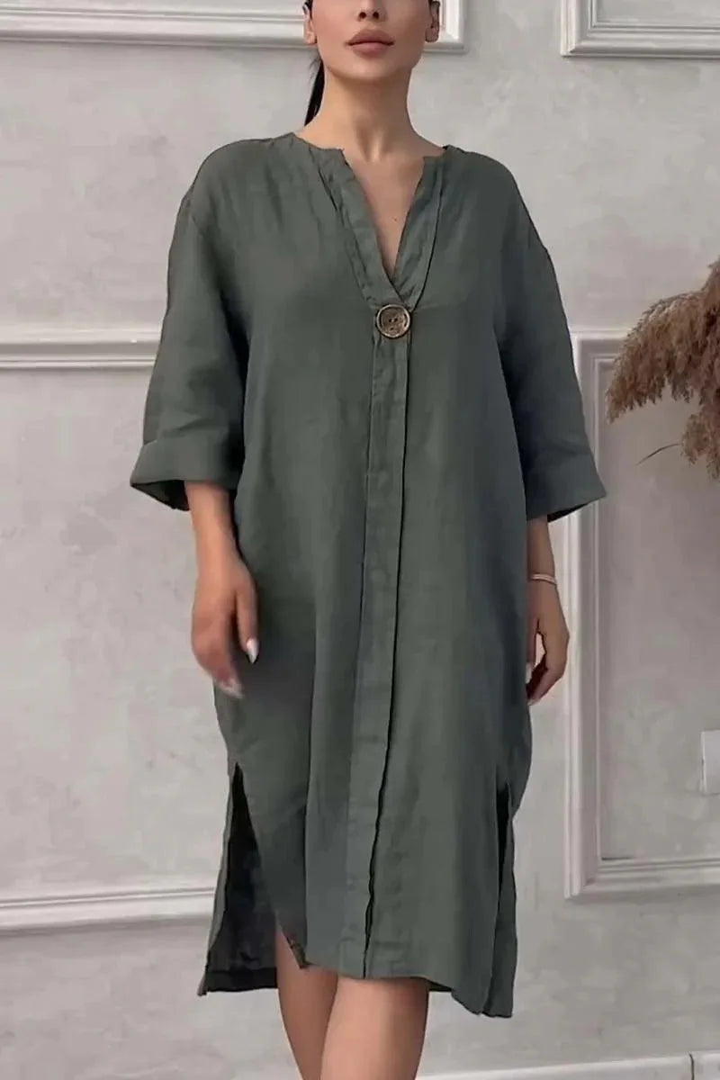 Robe d'été élégante en coton et lin pour femmes, col rond, manches longues, boutons, couleur unie, ample, décontractée, fente latérale, Simple