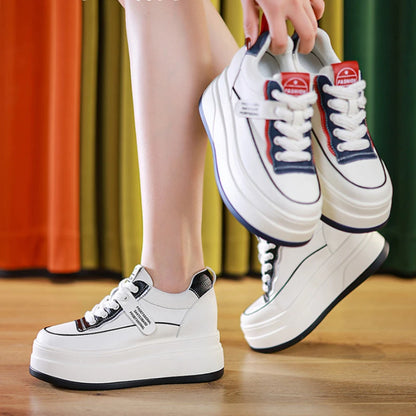 Fujin-Chaussures à l'offre elles compensées en cuir véritable pour femme, grosses chaussures blanches de 9cm, à la mode, automne et été