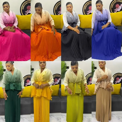 Miyake pli changement progressif couleur bord ondulé costume soleil jupe plissée à la mode et élégant deux pièces ensembles tenues pour femmes