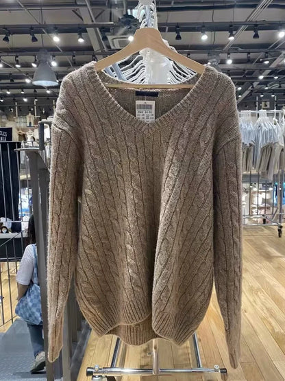 Pull Vintage à fleurs torsadées pour femme, col en V, manches longues, Style Preppy, décontracté, Streetwear, haut Chic, automne