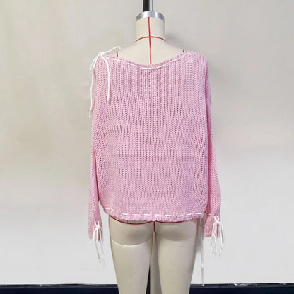 Pull tricoté à lacets pour femme, pull à manches longues, ample, à la mode, Y2K, nouvelle collection automne hiver 2024
