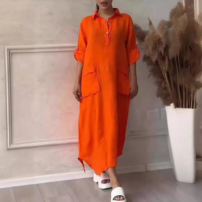 Robe longue en lin à manches longues pour femmes, robe maxi blanche avec poches, élégante, mode décontractée, été, 2024