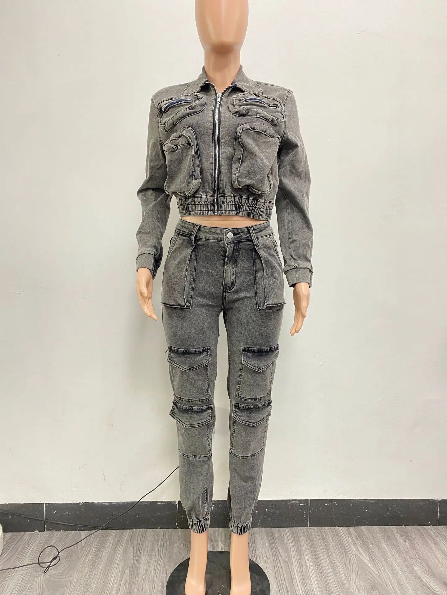 Ensemble pantalon à manches longues pour femmes, survêtement avec fermeture éclair, manteau en Denim, Cargo, longueur cheville, poches, haute rue épissé, Slim, 2024