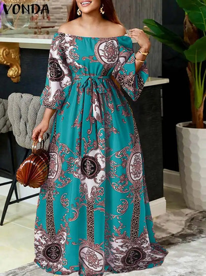 VONDA-Robe maxi bohème pour femmes, robe de soirée imprimée, robe d'été sexy à manches longues lanterne, robe vintage ceinturée, robe éducative, 2023