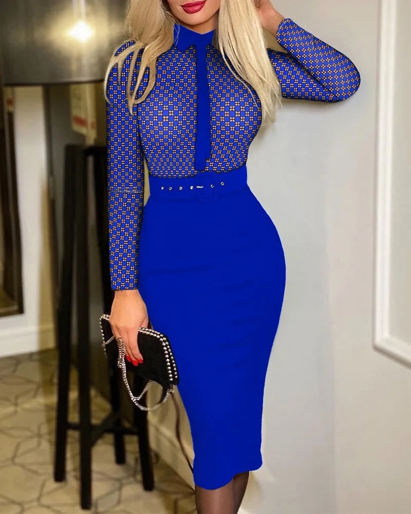 Robes moulantes élégantes à pois pour femmes, coupe en V, manches longues, taille haute, ceinture, bureau, robe de soirée à la mode