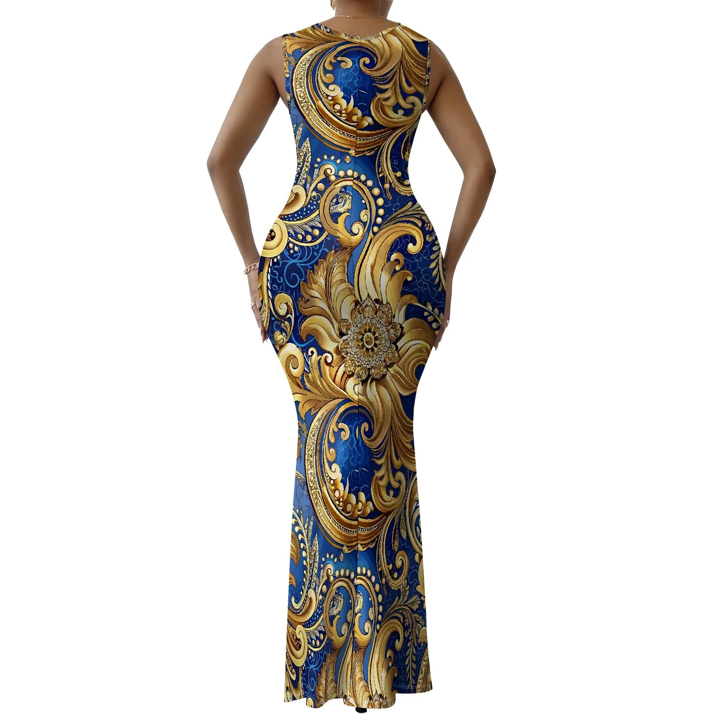 Robe longue moulante à imprimé baroque XS-2XL – Robe bleue et dorée élégante pour tenue de soirée, événements formels et gala