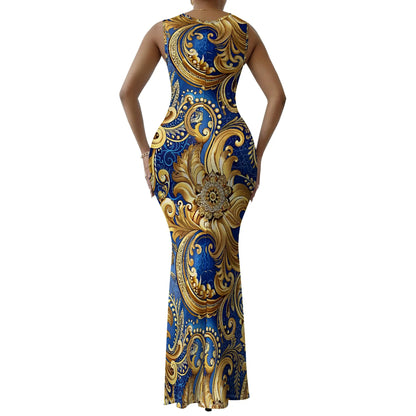 Robe longue moulante à imprimé baroque XS-2XL – Robe bleue et dorée élégante pour tenue de soirée, événements formels et gala