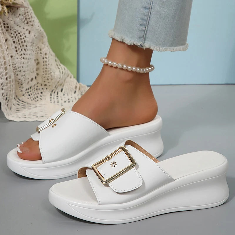 Sandales à talons compensés avec boucle en métal pour femmes, sandales d'été en cuir Pu à fond épais, légères, à talons hauts, pour la plage, 2025