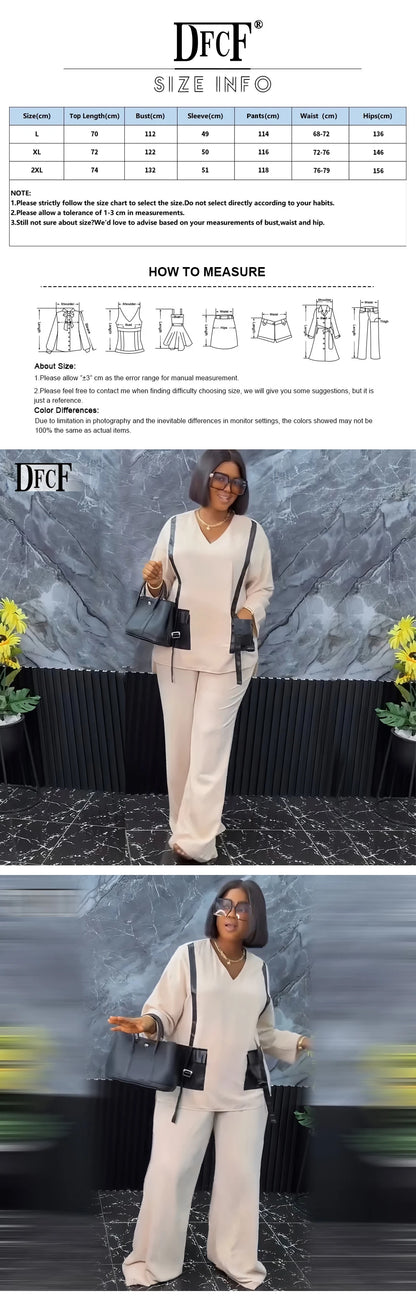 Ensemble deux pièces africain pour femme, pantalon long, ample, noir, poche, col en V, manches longues, grande taille, costume de vacances, sexe, nouveau, 2024