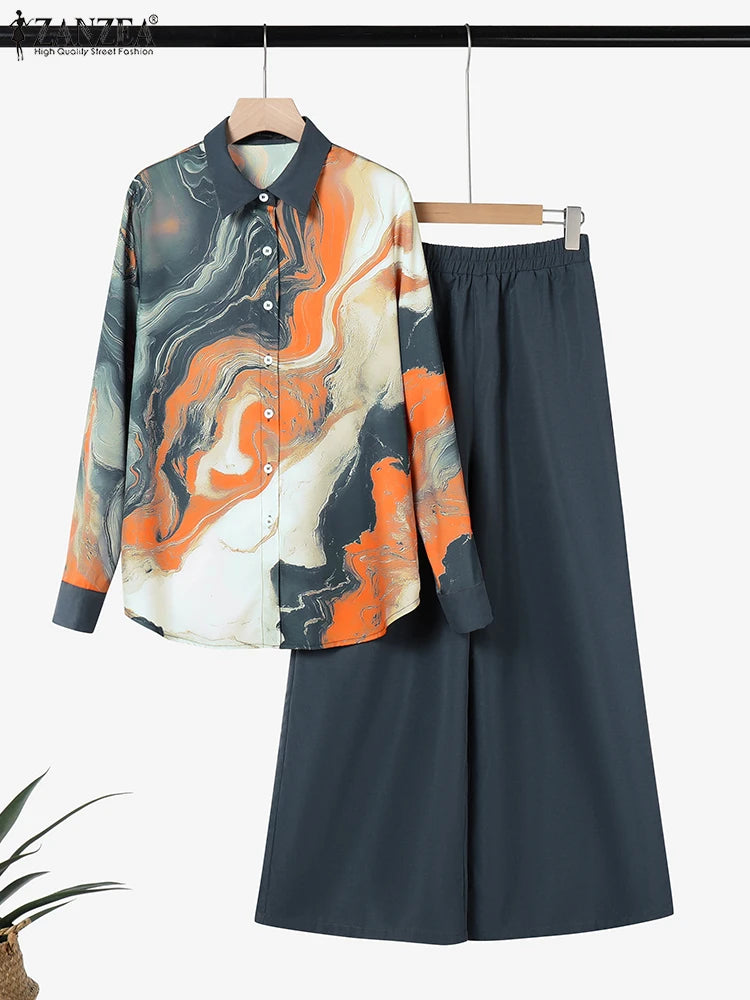 BS -  mode femmes deux pièces ensembles à manches longues revers chemise jambe large pantalon ensembles 2 pièces tenues de vacances décontracté OL travail survêtements