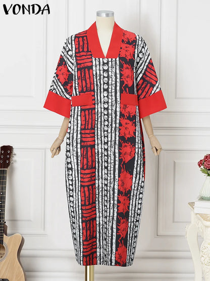 VONDA Vintage Robe Maxi femmes été fête imprimer robes 2025 mode col en v 3/4 manches décontracté surdimensionné ample longue Robe