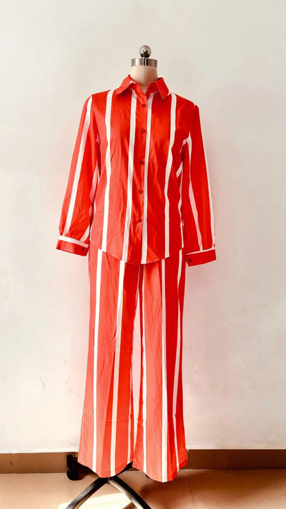 Chemise à manches longues rayée imprimée pour femme, revers élégant, taille élastique, jambe large, pantalon, ensemble 2 pièces, mode automne, nouveau, 2024