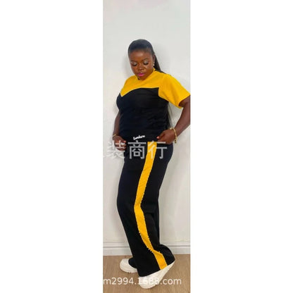 Personnalisé 2025 nouvelles femmes rayure imprimé 2 pièces ensembles survêtement femmes décontracté grande taille bureau montre de sport et pantalon à jambes larges ensemble