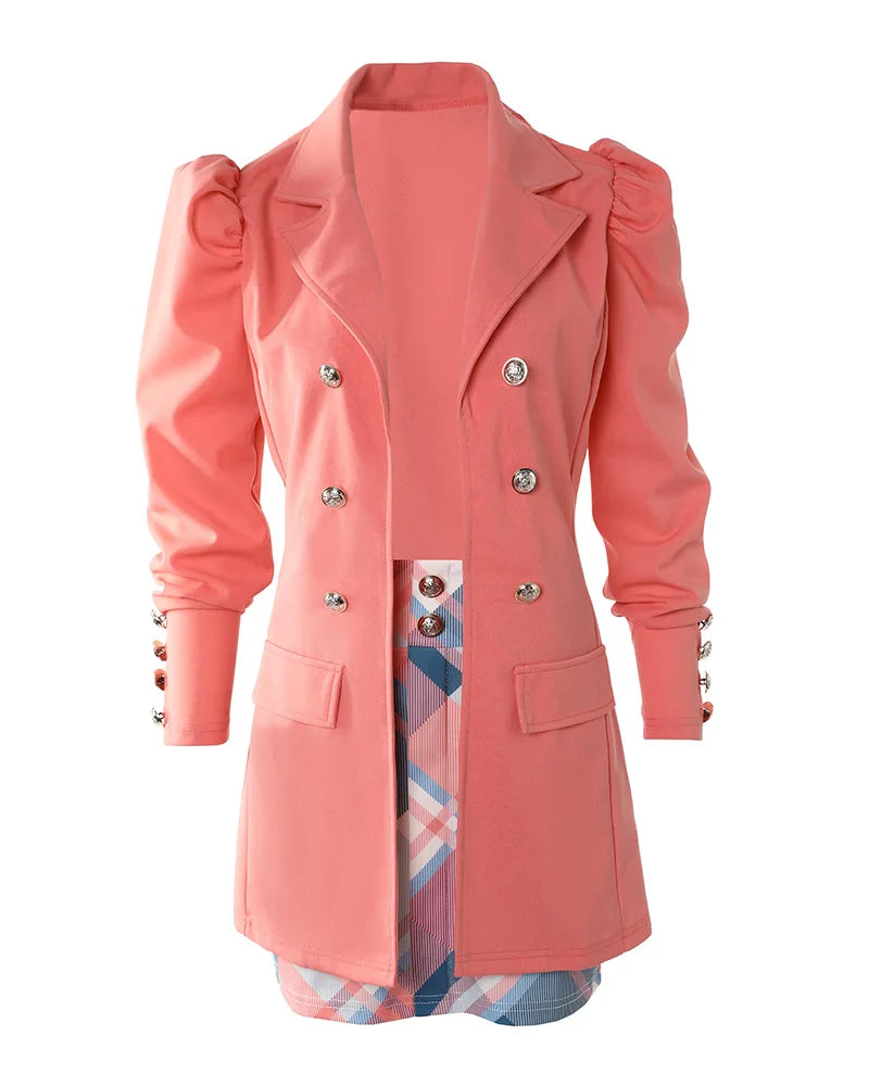 Mode polyvalent correspondant costume et jupe femmes décontracté imprimé fleuri manches bouffantes Blazer manteau et jupe ensemble dames deux pièces costume