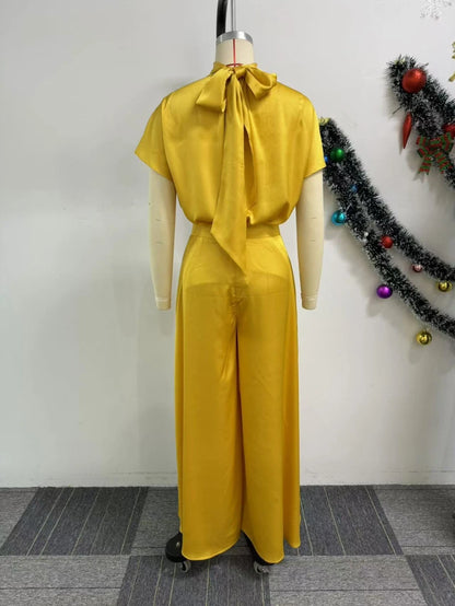 Haut à lacets en satin doux et pantalon à jambes larges pour femmes, ensemble assressenti, tenue, mode africaine, nouveau, 2 pièces, 2024