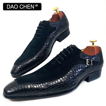 Hommes de luxe Oxford chaussures à lacets bout fendu noir marron hommes chaussures habillées daim Patchwork Crocodile imprime chaussures en cuir hommes