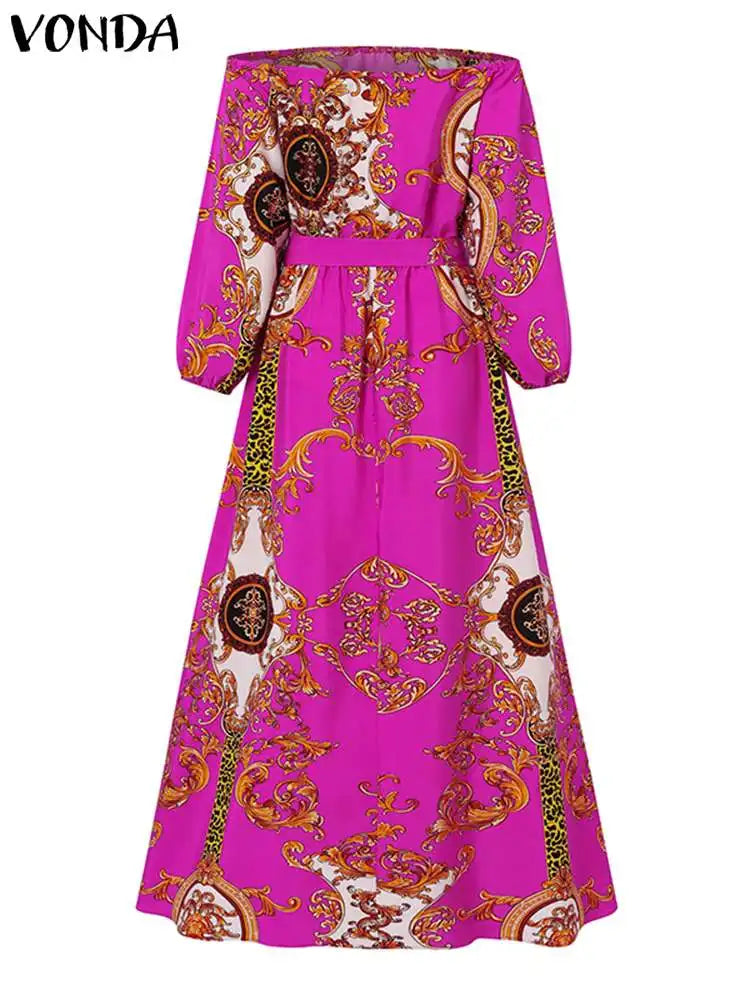 VONDA-Robe maxi bohème pour femmes, robe de soirée imprimée, robe d'été sexy à manches longues lanterne, robe vintage ceinturée, robe éducative, 2023