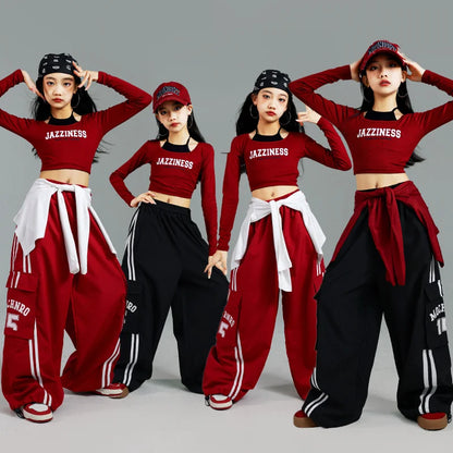 Ensemble T-shirt et pantalon à manches longues pour enfants, mode Hip Hop y2k, Costume de spectacle pour filles, tenue de scène, Costume de danse pour enfants, vêtements de rue