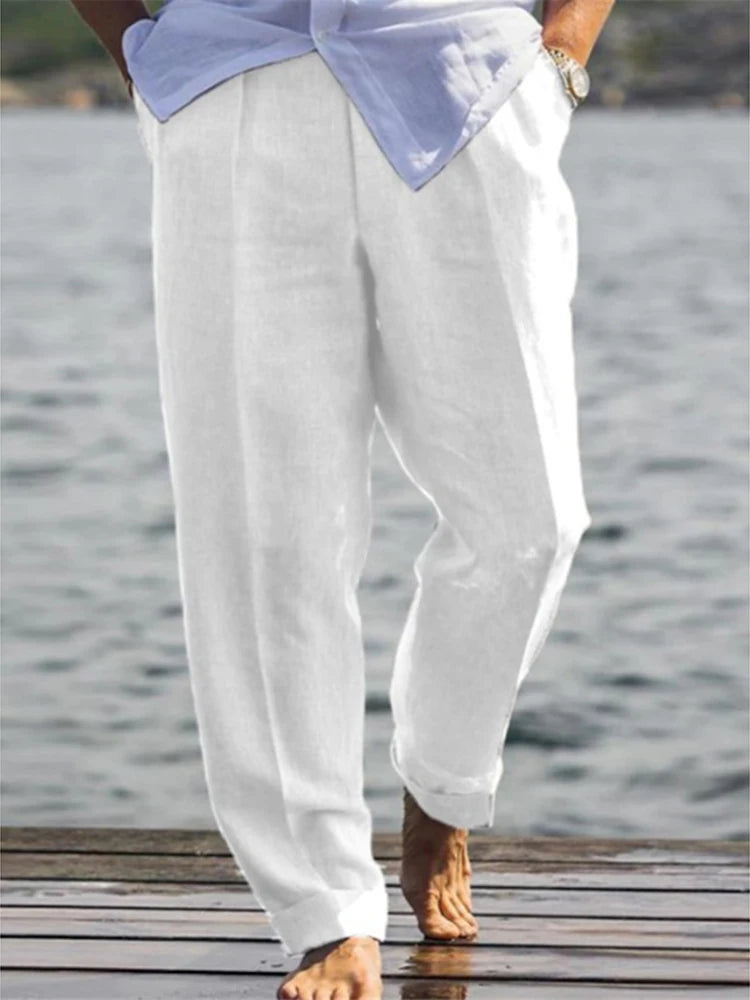 Pantalon en lin ample et respirant pour hommes, décontracté, pour loisirs quotidiens, confortables, fins, à la mode, couleur unie, printemps été