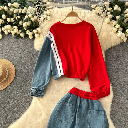 Ensemble pantalon deux pièces pour femmes, col rond, assorti, sweat-shirt, hauts, jambes larges, pantalons longs, décontracté, ample, taille élastique, Denim