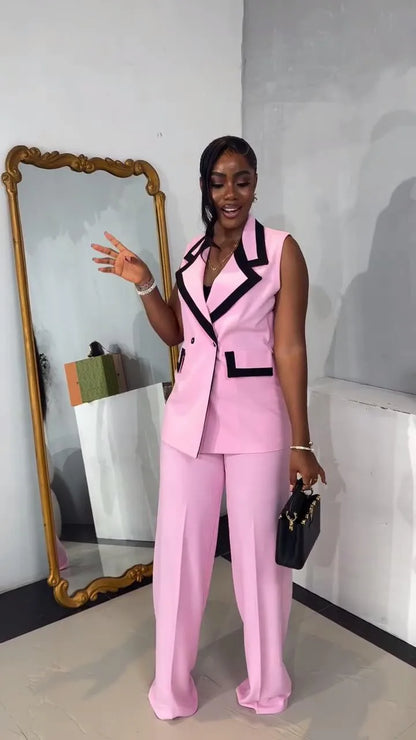 BS -  mode femmes ensemble rayé Patchwork sans manches débardeur Blazer haut et pantalon à jambes larges costume 2025 deux 2 pièces ensembles tenues