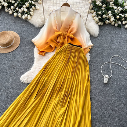 Miyake pli changement progressif couleur bord ondulé costume soleil jupe plissée à la mode et élégant deux pièces ensembles tenues pour femmes