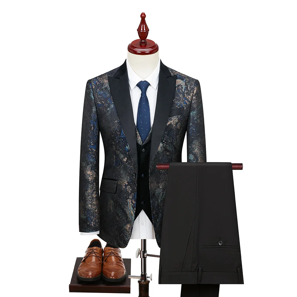 Costume vert 3 pièces pour hommes, veste de robe de soirée de mariage avec gilet et pantalon, ensembles Slim à la mode pour hommes, tissu Jacquard Beige, noir, bleu