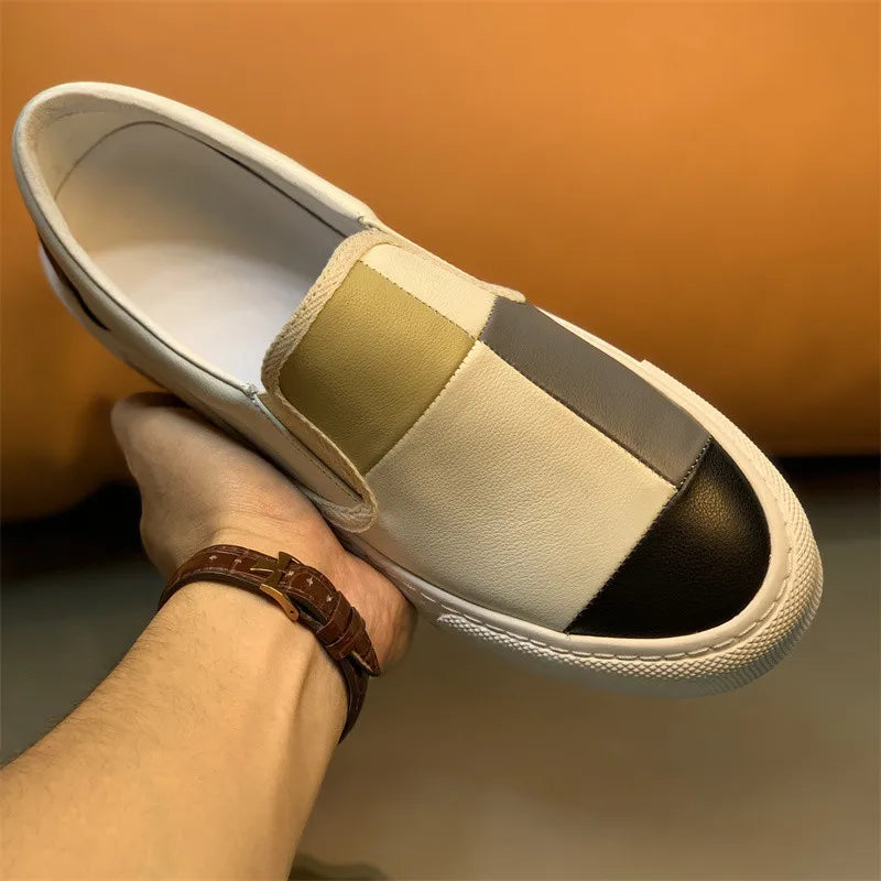 Printemps nouveaux hommes en cuir à semelles épaisses simples et à la mode couleur bloqué chaussures décontractées