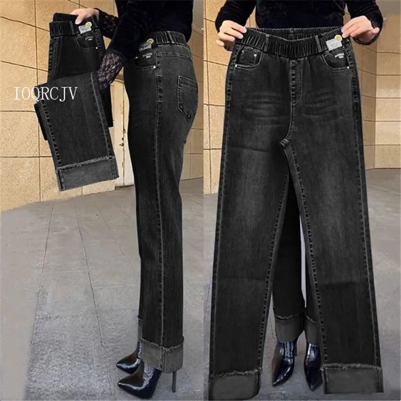 Jean femme d'âge moyen printemps automne taille extensible pantalon en Denim droit grande taille ample taille haute décontractée noir bleu pantalon