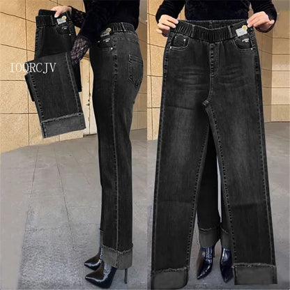 Jean femme d'âge moyen printemps automne taille extensible pantalon en Denim droit grande taille ample taille haute décontractée noir bleu pantalon