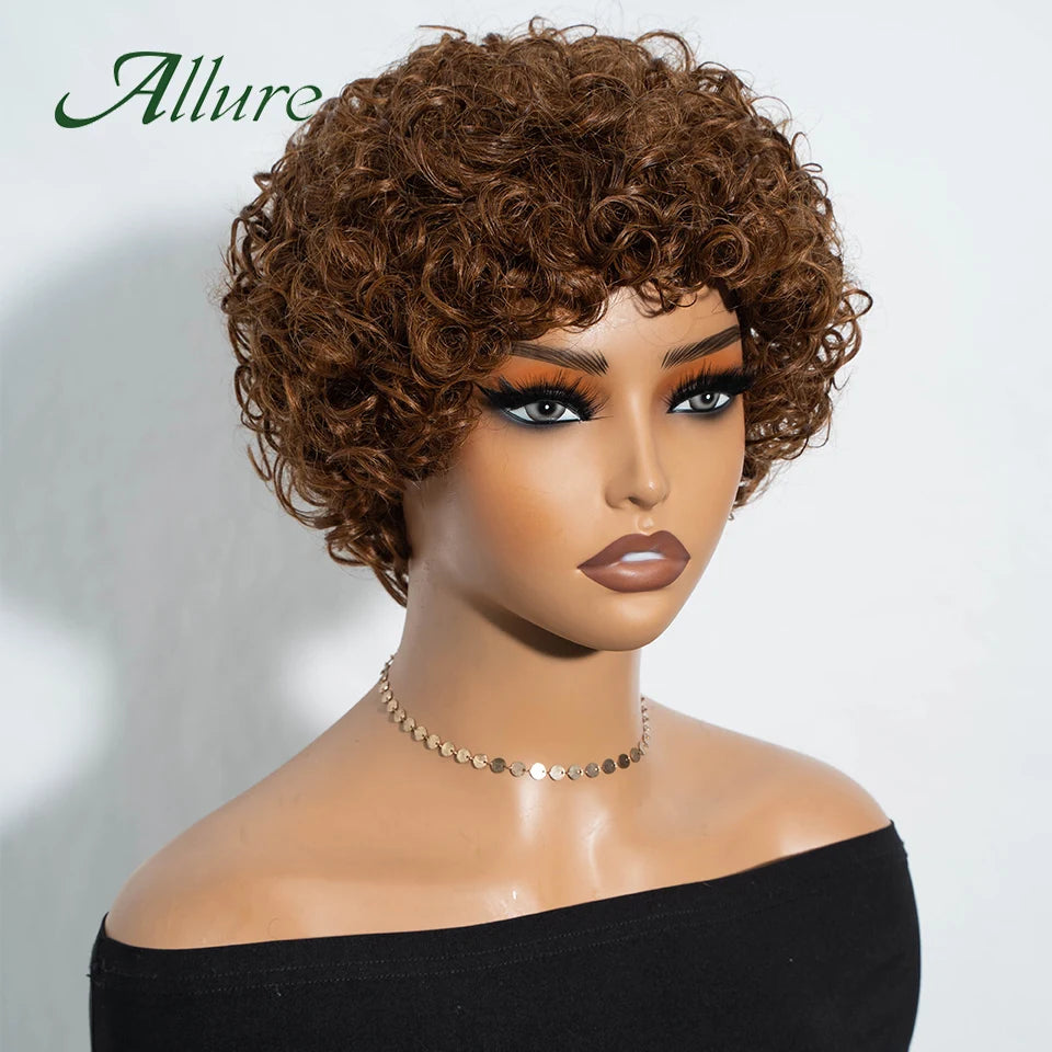 Jerry bouclés perruques de cheveux humains pour les femmes noires 10 pouces court Pixie Afro crépus bouclés perruque avec frange brun couleur cheveux perruques Allure