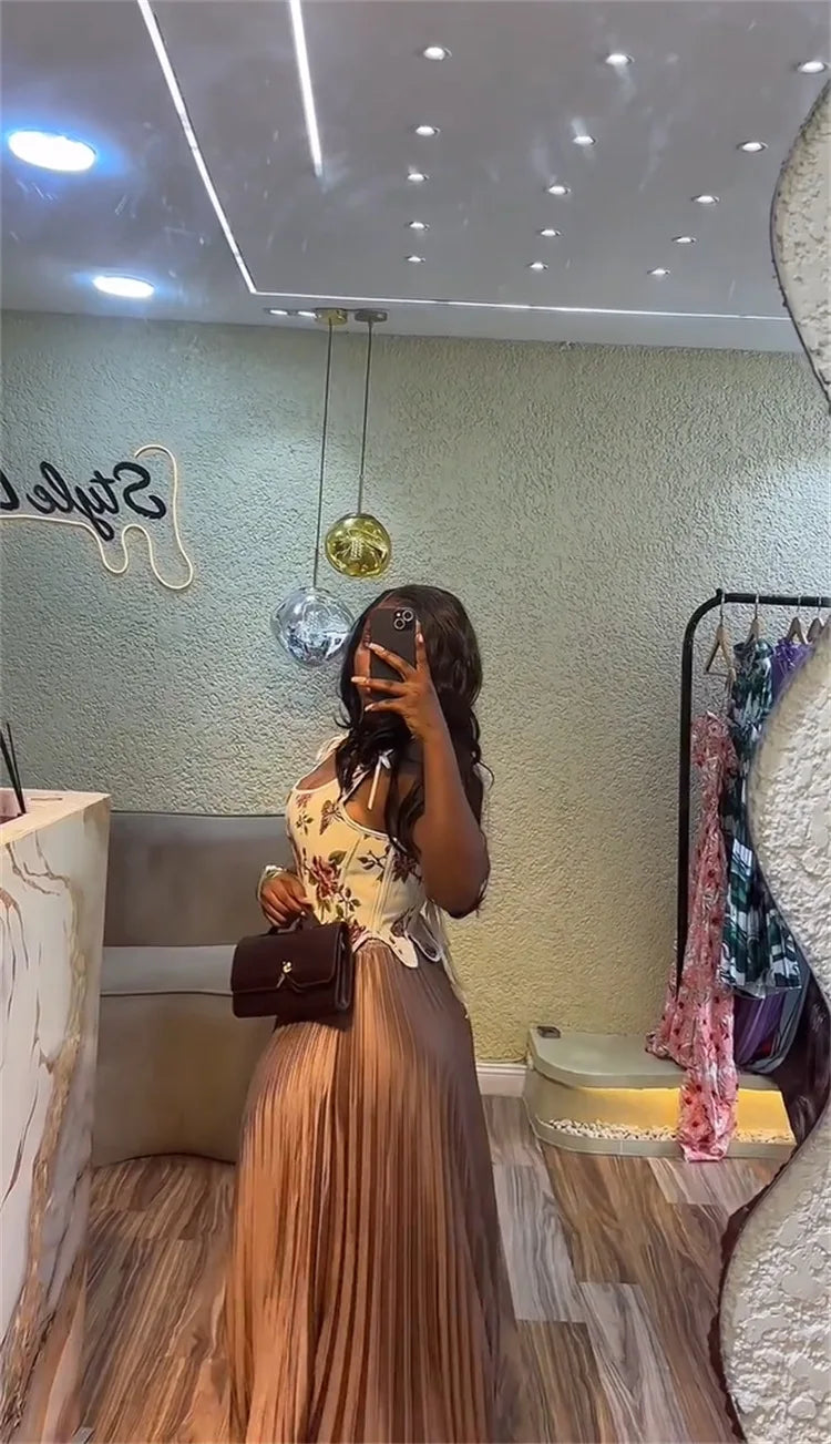 CM.YAYA ensemble femme imprimé fleuri taille cintrée gilet + jupes longues plissées costume 2025 fête soirée rue deux 2 pièces ensemble tenue