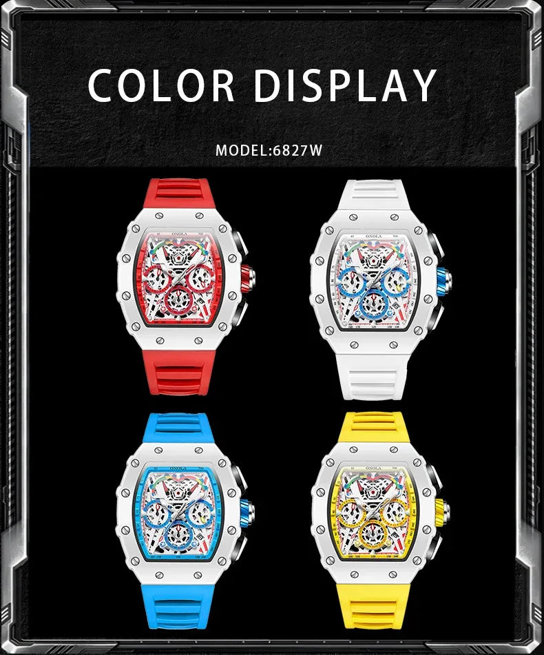 ONOLA-Montre Tonneau Étanche pour Homme, Chronographe, Quartz, dehors, Bracelet Silicone, Montre-Bracelet Blanche, Luxe, Nouvelle Mode, 2024