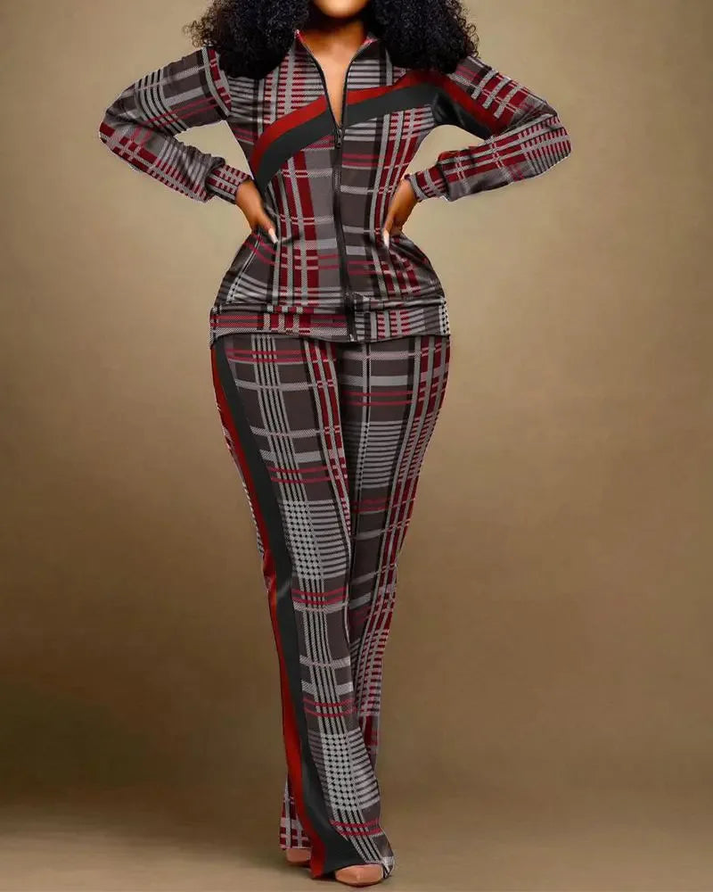 Ensemble de pantalons longs droits pour femmes, fermeture éclair imprimée, col montant, gaine, manches longues, décontracté, automne, hiver, 2024