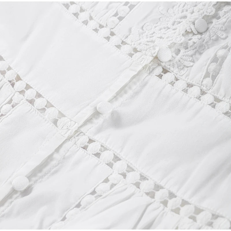 Robe longue en dentelle ajourée pour femmes, élégante, couleur unie, col en v, Patchwork, manches bouffantes, moulante, nouvelle collection printemps 2025