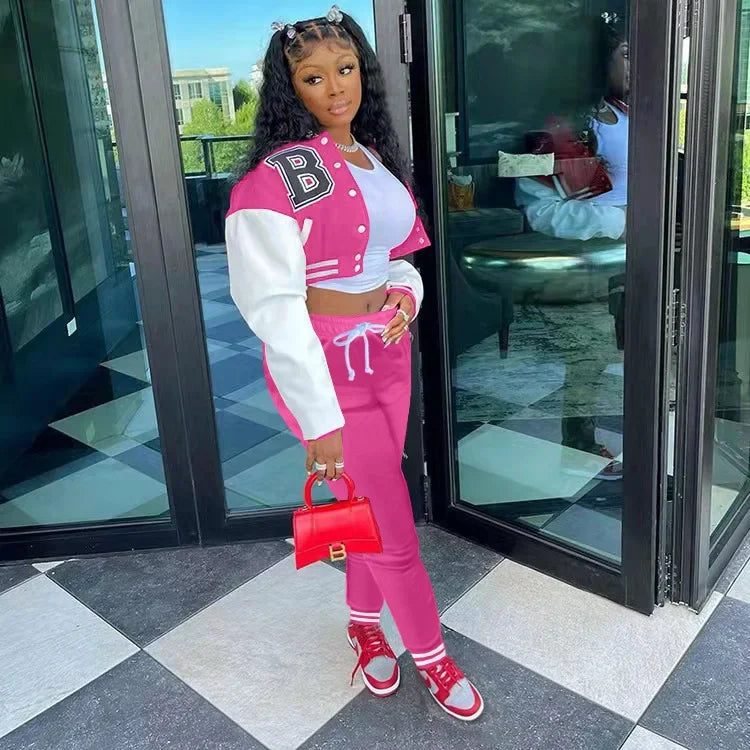 European and N Women's Wear B Monochrome Jacket Single-breasted Monochrome Printed Baseball Suit