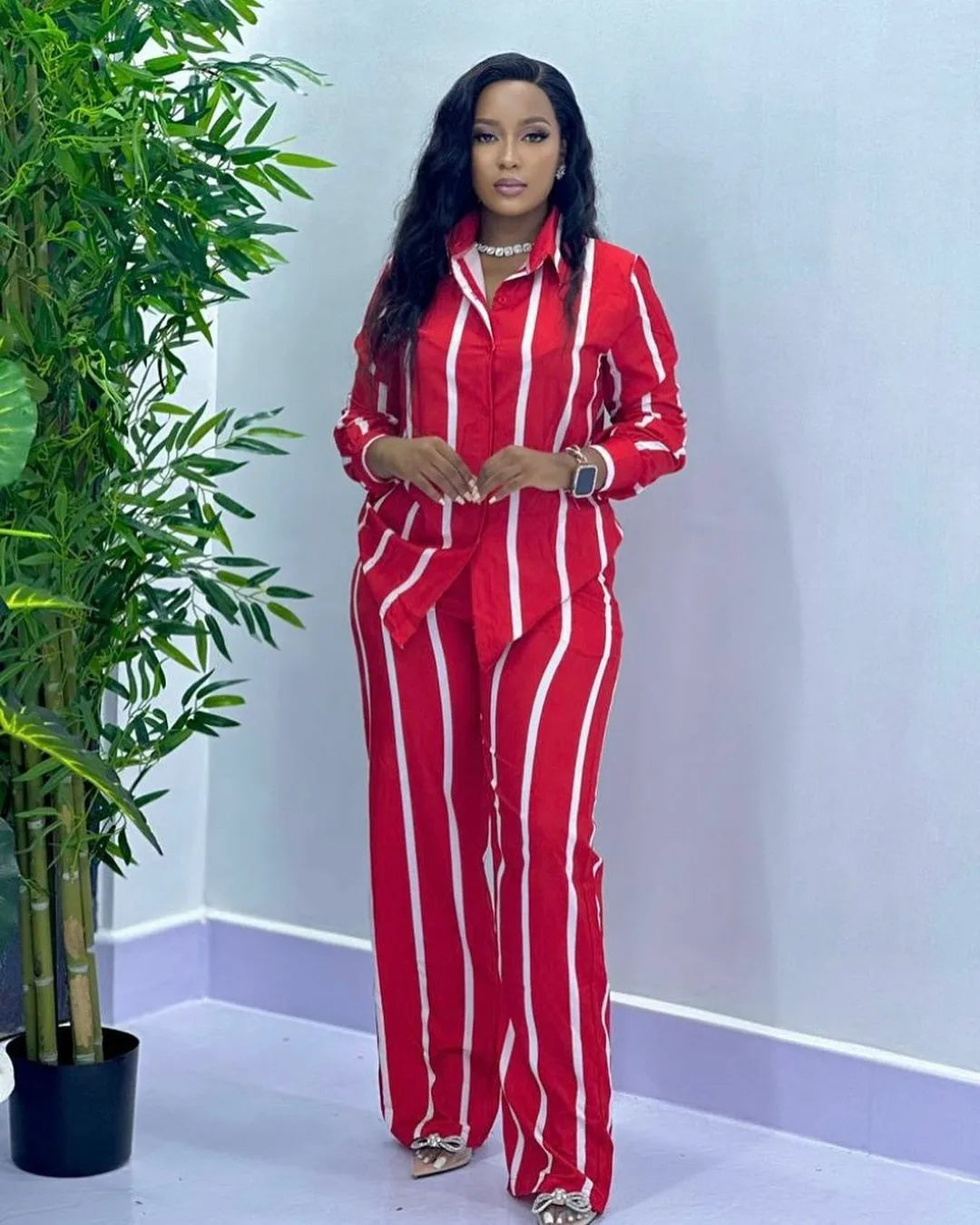 Chemise à manches longues rayée imprimée pour femme, revers élégant, taille élastique, jambe large, pantalon, ensemble 2 pièces, mode automne, nouveau, 2024
