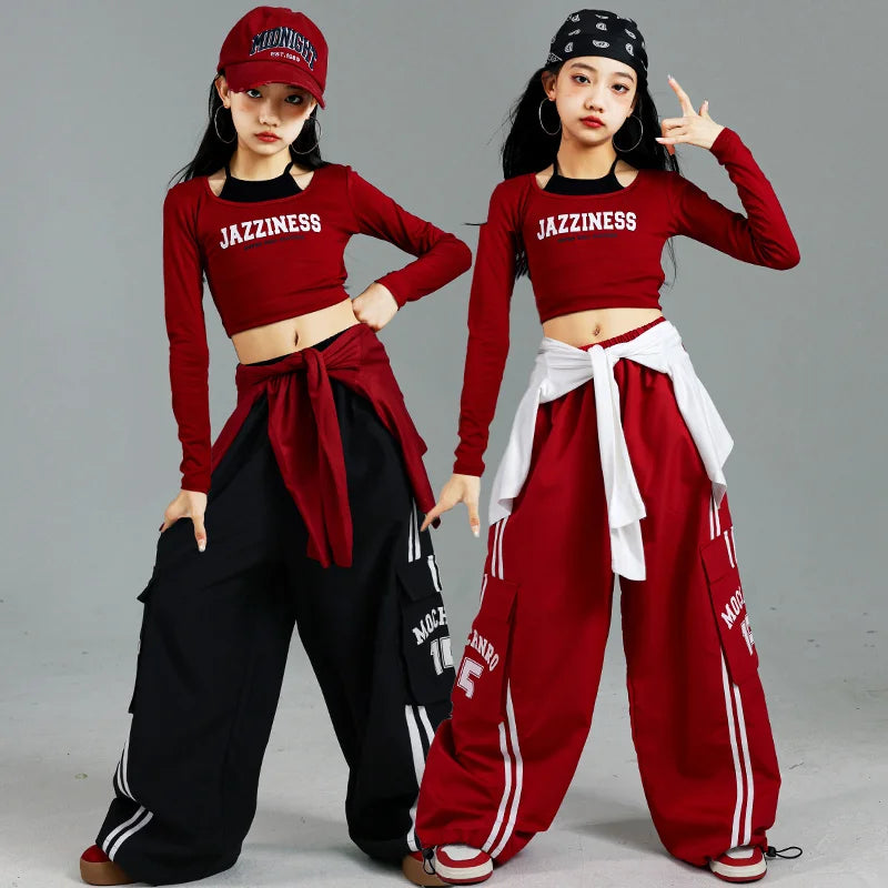 Ensemble T-shirt et pantalon à manches longues pour enfants, mode Hip Hop y2k, Costume de spectacle pour filles, tenue de scène, Costume de danse pour enfants, vêtements de rue