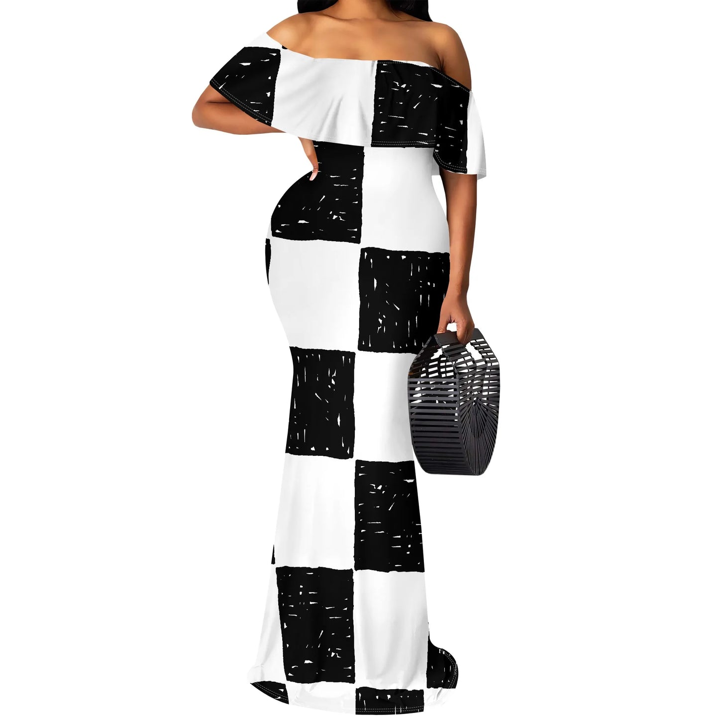 Robe longue rayée noir et blanc S-3XL – Robe sirène élégante à épaules dénudées pour femmes urbaines