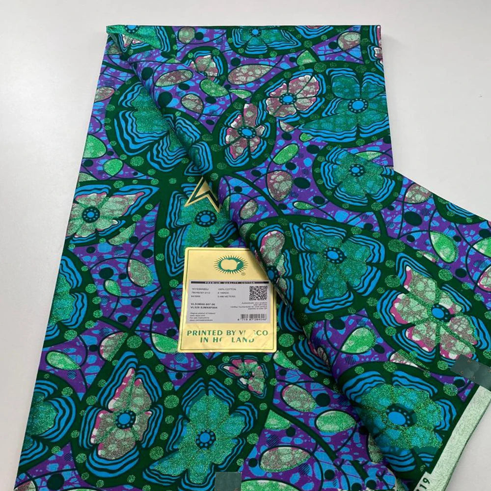 Tissu africain en cire de coton, très bonne qualité, nouvelle grande cire Ankara brillante Pagne, couleur grise, brillant doré, trucs Batik, 6 mètres