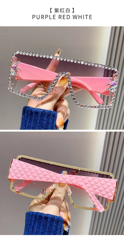 Lunettes de soleil une pièce pour femmes, grande monture rectangulaire incrustée de diamants, avec diamants d'eau