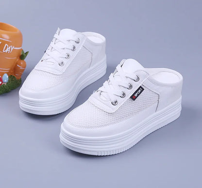 Demi-pantoufles en maille respirante pour femmes, surface évidée, os d'étudiant polyvalents, extérieur, Parker fermé, chaussure décontractée en maille, blanc, été