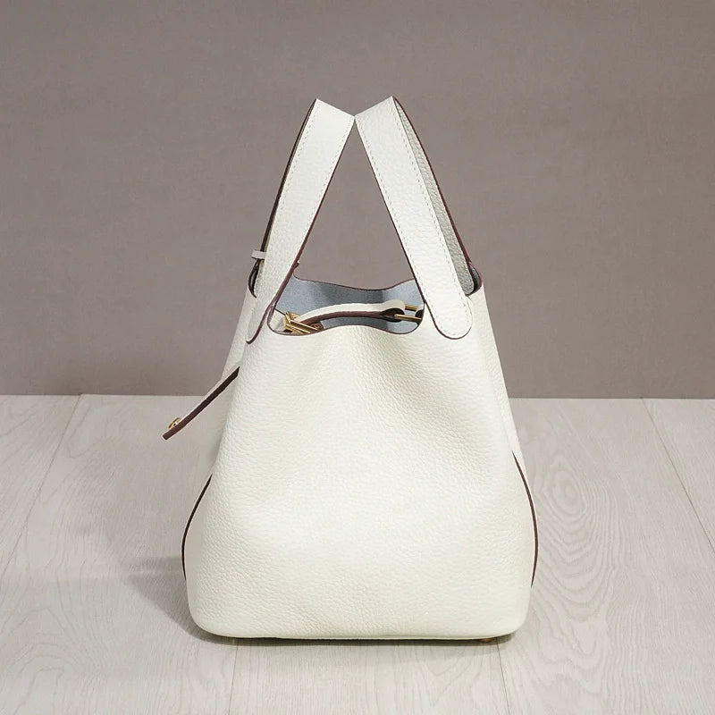 Sac à lunch en cuir de vachette véritable, panier alimentaire E27, sac à main de pique-nique Amazon, poignée supérieure souple, 2024 importé