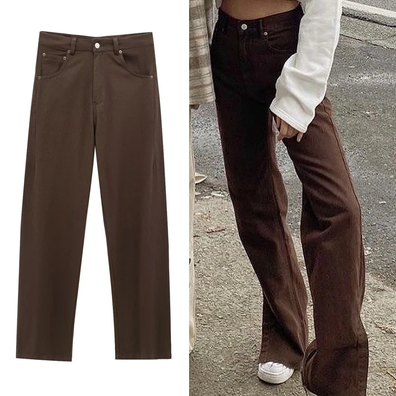 TRAF femmes jean marron taille haute poche Vintage Baggy jean femme pantalons longs décontractés printemps pantalon Streetwear été 2025