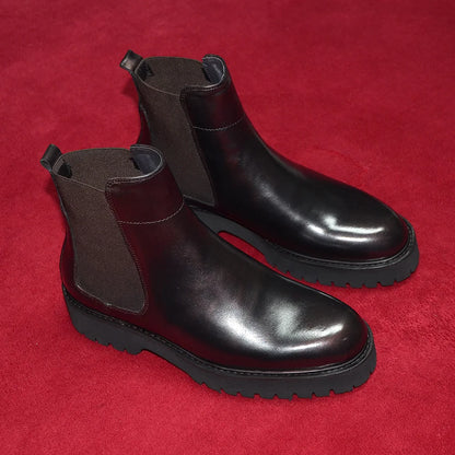 Bottes Chelsea montantes de Style britannique pour hommes, chaussures classiques de luxe en cuir véritable avec bande élastique pour augmenter la hauteur, automne et hiver