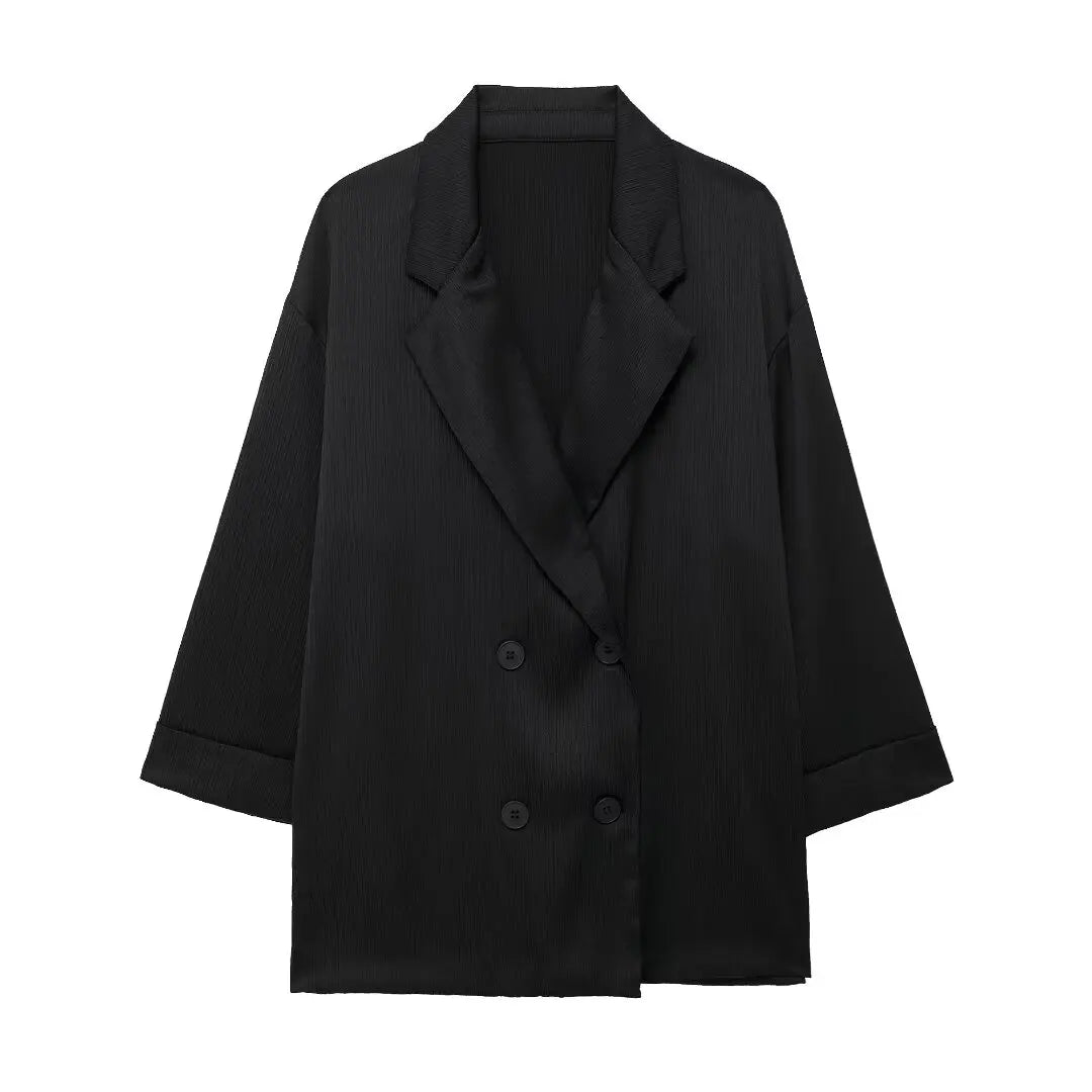 TRAFZA 2025 femmes pantalons décontractés ensemble taille haute pantalon à jambes larges + solide Beige ample glace soie Double boutonnage chemise hauts 2025 à la mode