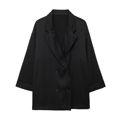 TRAFZA 2025 femmes pantalons décontractés ensemble taille haute pantalon à jambes larges + solide Beige ample glace soie Double boutonnage chemise hauts 2025 à la mode