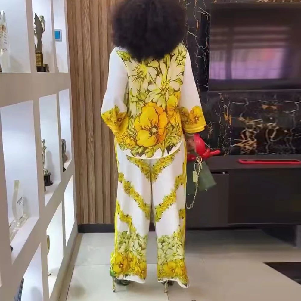 Chemise Vintage décontractée à imprimé Floral pour femmes, col rabattu, pantalon ample, chemisier, ensemble deux pièces, tenues de vacances printemps et été