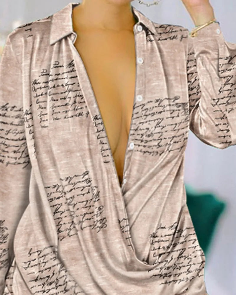 Printemps automne mode lettre imprimer à manches longues chemise Robe Robe femmes col rabattu boutons avant robes décontractées femme 2024